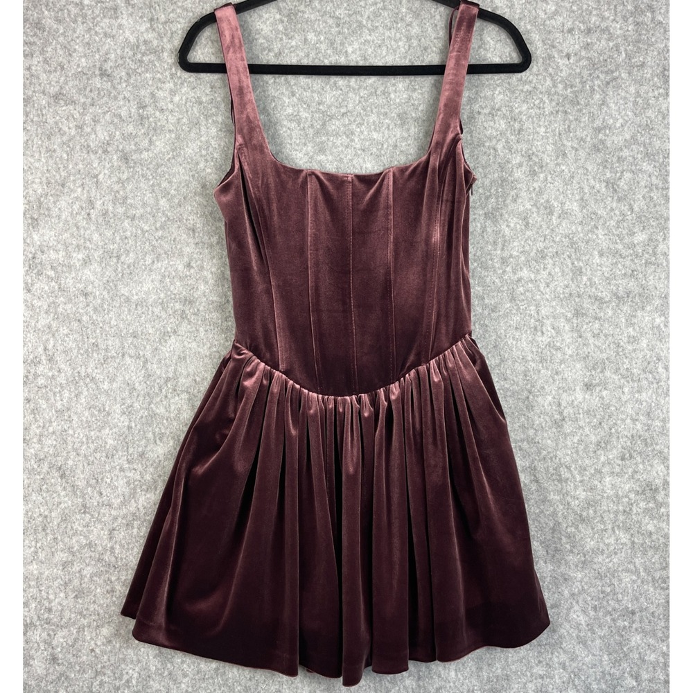 Zara Velvet Corset Mini Dress Women XS Burgundy Brown Fit Flare Pleated NWT